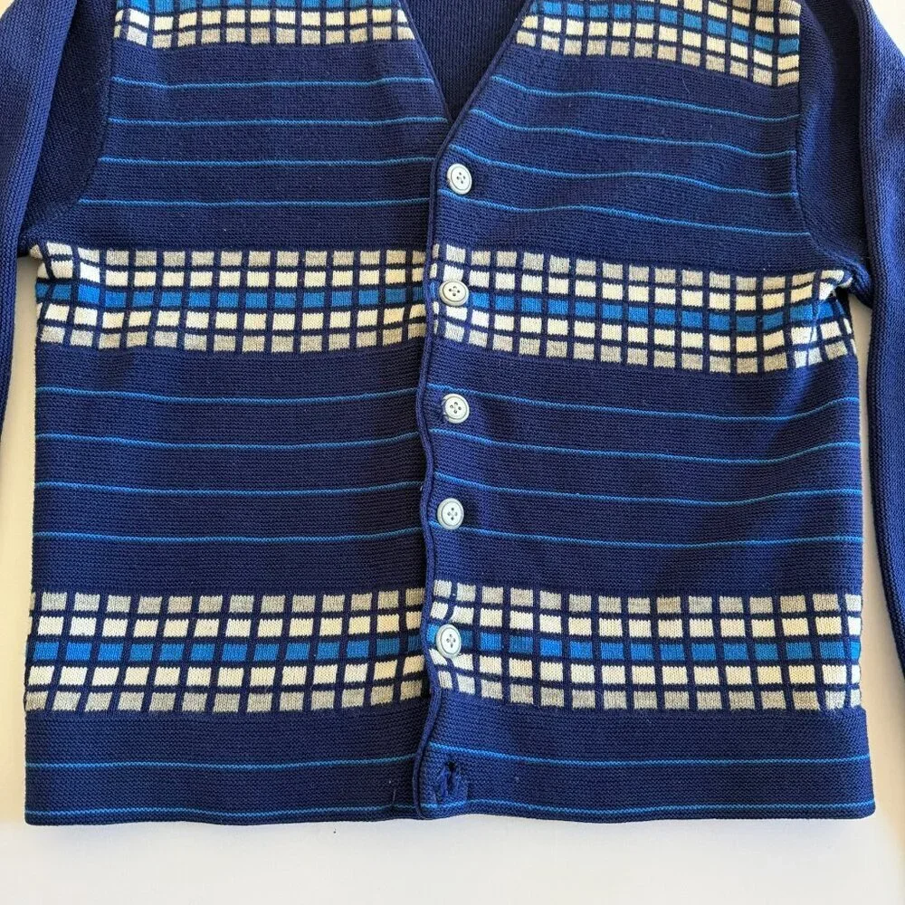 VINTAGE 70s Indie Grunge Grandpa Blue Stripe Cardigan Sweater M/L